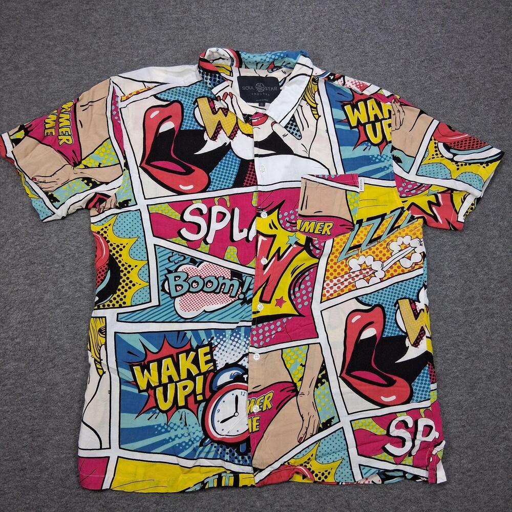 Soul Star Shirt Mens XL Multicolor Comic Pop Art Graphic Short Sleeve Button Up